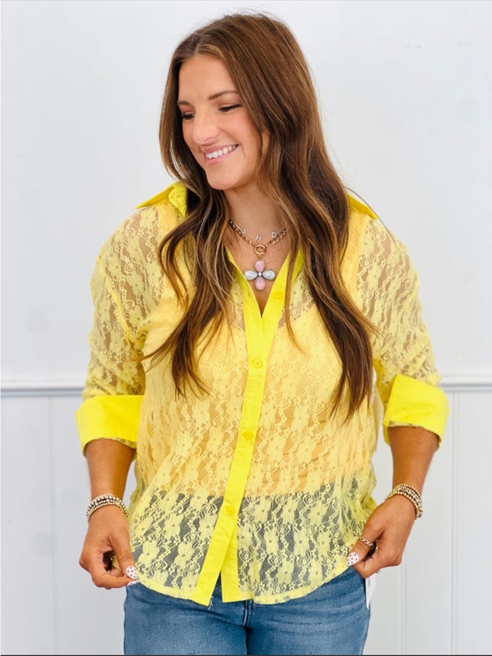 Grace & Rmma Yellow Lace Button-Up Shirt for Women